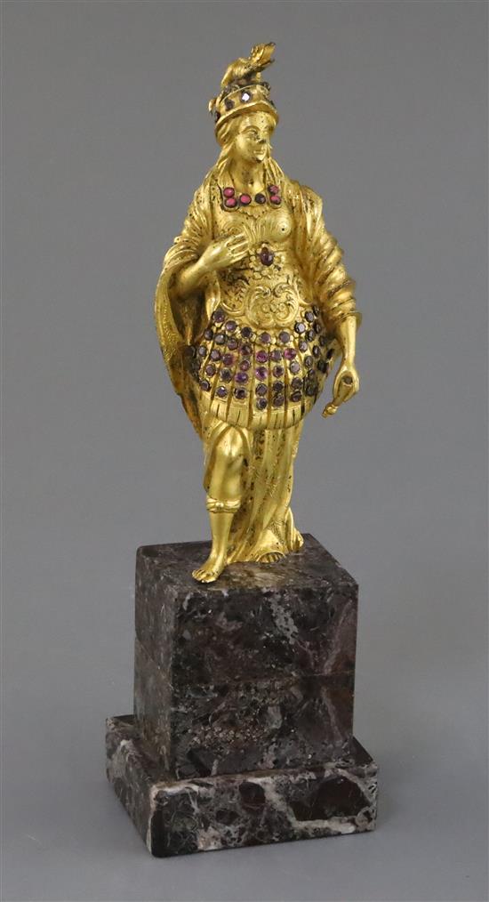 A 17th century Augsberg gem encrusted ormolu figure of Minerva, overall height 8.25in.